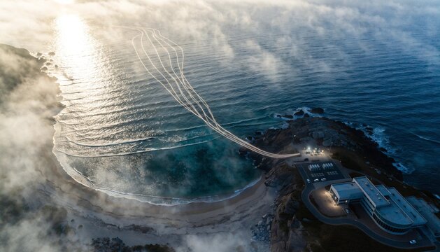 Overhead drone photo of a subsea fiber-optic cable landing station at dawn, glowing light trails along the seabed entering a modern coastal facility, misty morning light.  