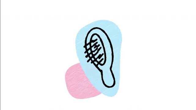 An animated hand-drawn paddle hairbrush with bristle pins. Ideal for hair grooming, detangling hair, beauty salon equipment, daily hair care, and hairstyle routines. 