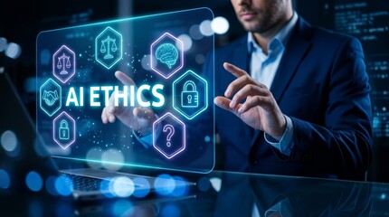 Obraz premium A businessman interacting with a virtual AI Ethics interface containing moral and guideline icons.