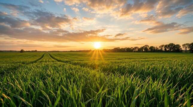 A beautiful sunset glows over the green field in this scenic nature landscape photography.