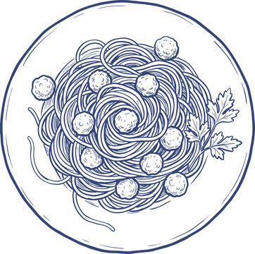 Spaghetti and Meatballs Plate Top View Line Art