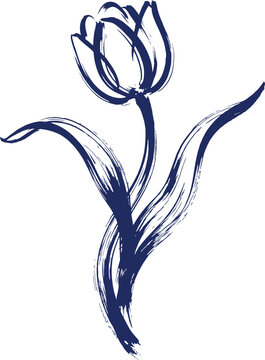 Tulip Flower with Leaves Line Art Illustration