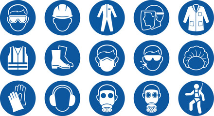 Essential workplace safety equipment sign icons set displayed as a clean professional vector on transparent background © Naseem