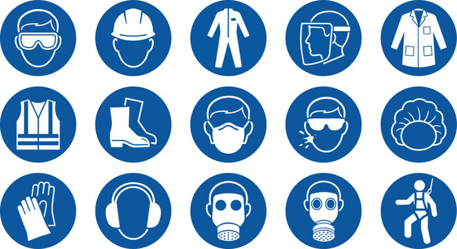 Essential workplace safety equipment sign icons set displayed as a clean professional vector on transparent background