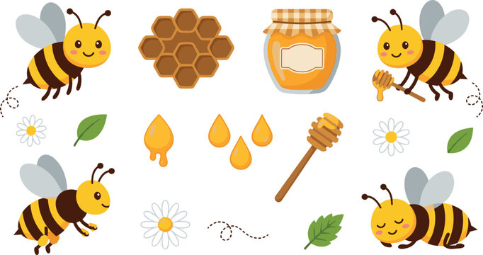 Cute honey bee cartoon vector collection featuring happy honeybees, honeycomb grid, sweet honey jar, dipper stick, drops, and daisy flowers
