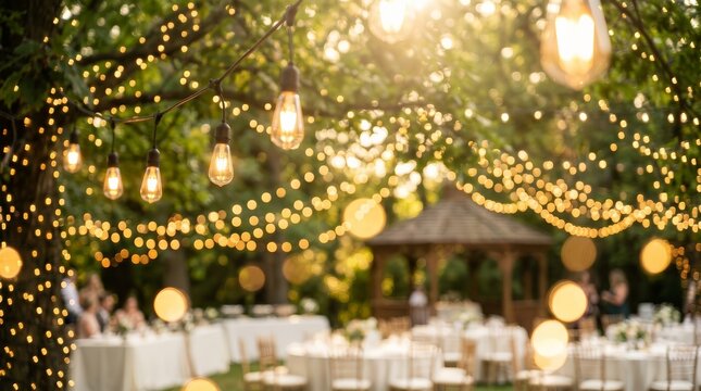 Inviting garden party or wedding atmosphere with glowing string lights on trees.