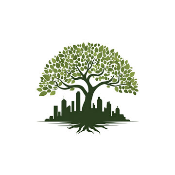 Green eco city tree logo, sustainable urban development icon, environmental nature skyline symbol 