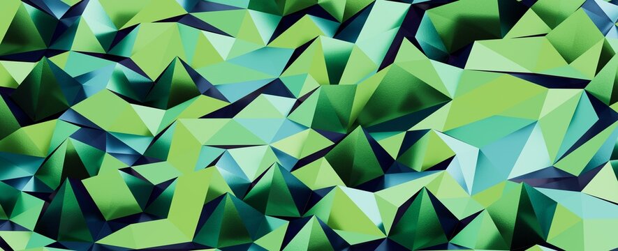 Dynamic low poly abstract geometric pattern in shades of green and blue