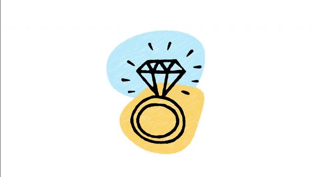 An animated hand-drawn gold solitaire ring set with a large sparkling diamond gem. Ideal for wedding proposals, engagement rings, luxury jewelry, gold gifts, and precious gems. 