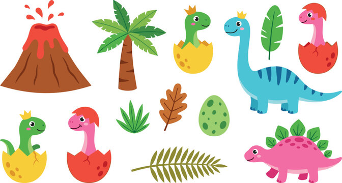 Cute dinosaur cartoon vector collection featuring baby dinos in eggs, volcanic eruption, palm tree, and tropical prehistoric jungle foliage