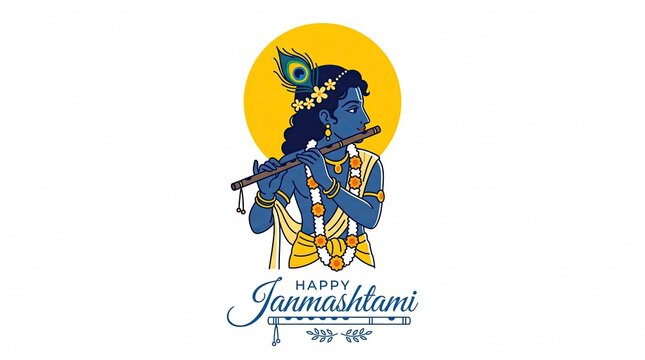 Shree Krishna playing flute in cloudy sky vector illustration for happy janmashtami festival celebration banner background