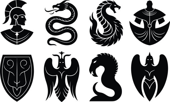 Mythology fantasy emblem silhouette icon set illustration, warrior serpent dragon griffin shield winged creature