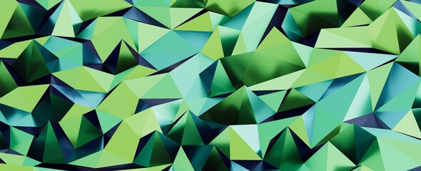 Green geometric abstract background with low poly shapes and gradient colors. © vegefox.com