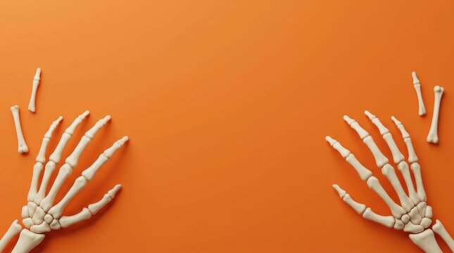 Human skeleton hands with finger bones on orange background