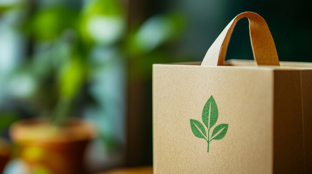 A close-up of an eco-friendly kraft paper package with a clean generic logo, vibrant green graphic accents and recycled paper texture, sustainable packaging, green business, natura
