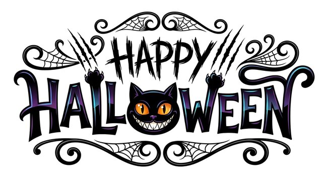 Happy halloween typography design with a black cat and spider webs