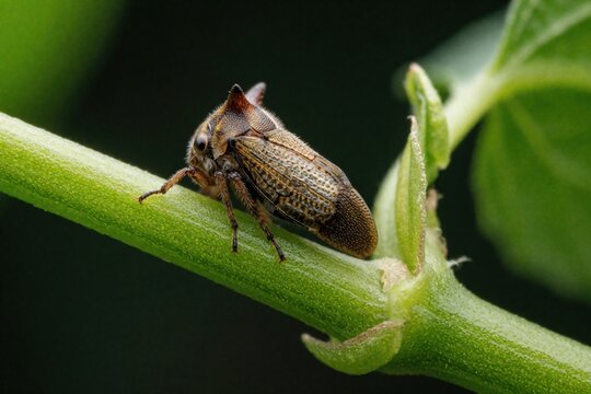 Small horned treehopper insect rests on green plant stem. Tiny brown bug with patterned wings sits on stalk in closeup macro shot. Wild nature creature in its habitat.