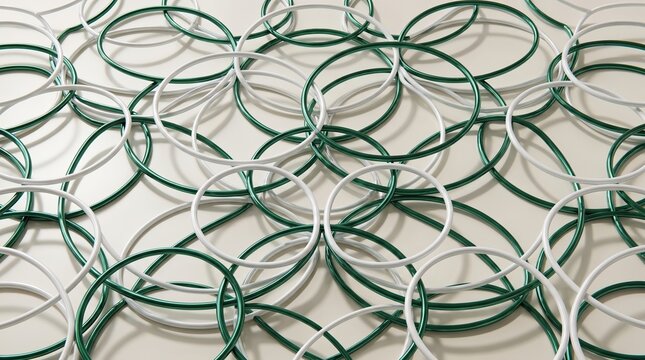 Abstract geometric pattern of green and white interlocking rings on solid background