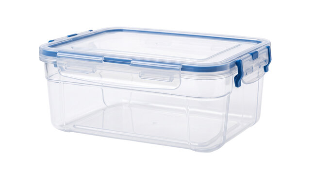 Clear plastic food storage container with blue locking lid, airtight kitchen meal prep box, transparent reusable leftovers canister isolated PNG with Transparent Background