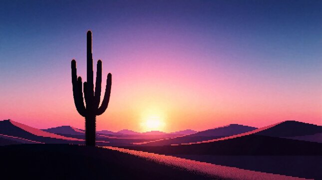 Pixelated desert landscape with saguaro cactus silhouette at sunset. Vibrant pink purple sky fades to blue. Warm sun sets over dry arid hills and dunes.