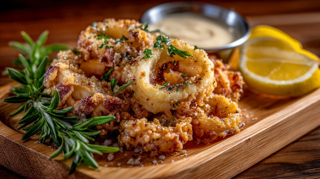 Crispy breaded fried calamari or octopus pieces with dipping sauce and lemon