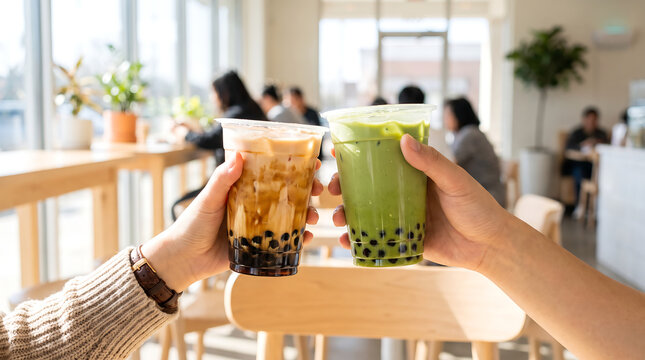Two people toasting brown sugar and matcha bubble tea drinks in a bright modern cafe, featuring tapioca pearls, colorful milk tea, social dining, and refreshment.