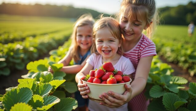 Happy children holding freshly picked strawberries in sunny berry field with their mother in background. Family harvest, healthy organic food, joyful childhood, summer countryside lifestyle