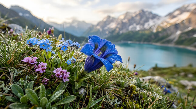 Gentian flower blooming on a lush alpine mountain meadow with morning dew drops and small blue forget-me-not flowers against a blurred background of snowy peaks and a turquoise glacial lake.