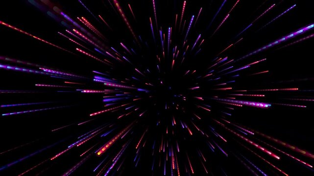 Neon light speed warp tunnel abstract background, hyperspace travel effect with glowing purple and red particles
