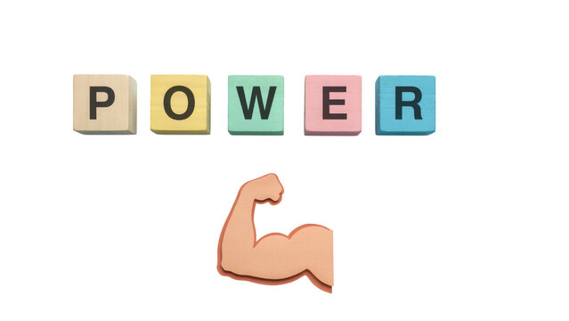 Power word spelled with colorful wooden alphabet blocks and flexing bicep muscle illustration. Strong fitness typography concept. Strength and energy mot