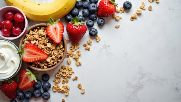 Healthy breakfast bowl with yogurt, crunchy granola, fresh strawberries, blueberries and bananas on light background. Colorful nutritious food, top view