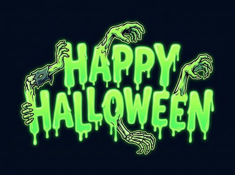 Happy halloween lettering with zombie hands and skeleton arms