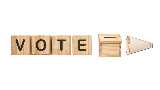 Vote word wooden blocks ballot box, megaphone, election campaign concept, democracy voting, political expression, isolated on white background