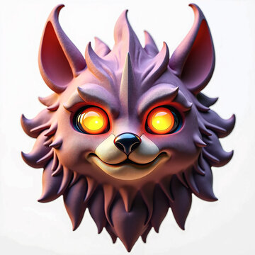 Cartoon Purple Wolf Head with Glowing Eyes Isolated.