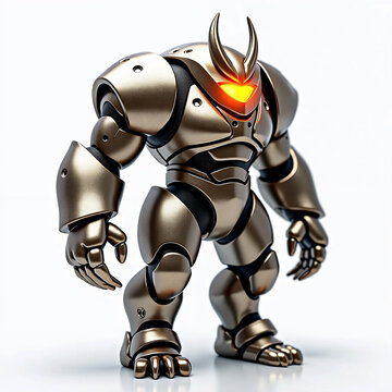 Cartoon Metallic Robot with Glowing Eye Isolated.