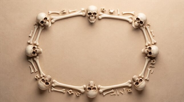 Oval frame made of human skulls and skeleton bones on beige texture background with copy space