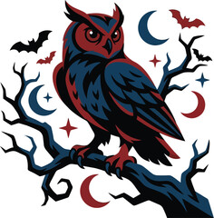 Fototapeta premium Halloween owl perched on a spooky tree branch with bats and crescent moons illustration