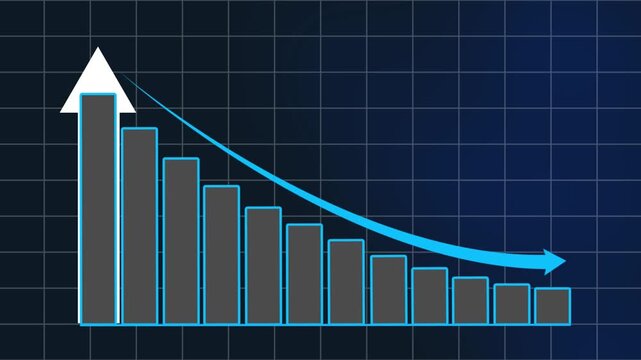 Glowing cyan and black bar chart and downward arrow illustrating business decline, financial loss and economic downturn. Concept of recession, falling profits, market crash and negative growth 
