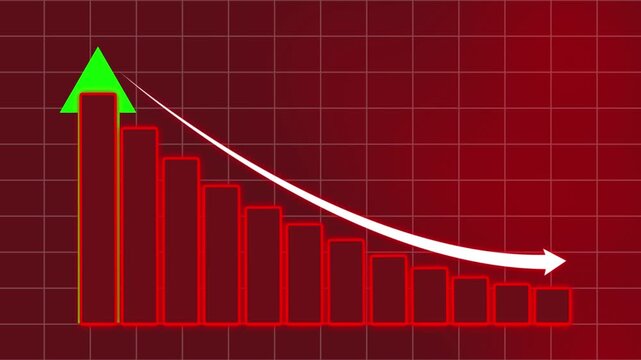 Glowing red bar chart and downward arrow illustrating business decline, financial loss and economic downturn. Concept of recession, falling profits, market crash and negative growth performance