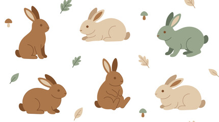 Naklejka premium Seamless pattern with cute cartoon rabbits and forest elements in flat vector style