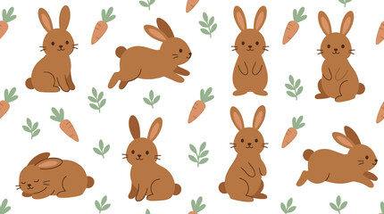 Naklejka premium Seamless pattern with cute brown bunnies and carrots in flat vector illustration style