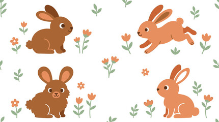 Obraz premium Seamless pattern with cute cartoon rabbits and flowers for spring textile design