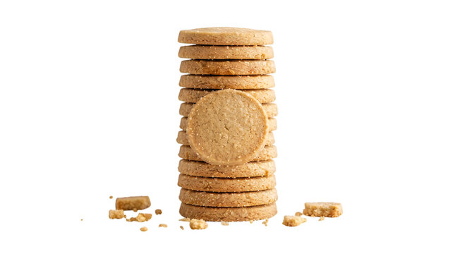 Stacked round grain cookies with crumbly texture on clean surface transparent background