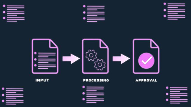 Automated Document Processing Workflow Concept with Data Input, System Processing, and Final Approval Icons