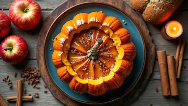 Delicious baked pumpkin dessert served in a roasted pumpkin with caramel glaze and spices. Cozy autumn recipe surrounded by apples, cinnamon and candlelight, perfect for festive gatherings