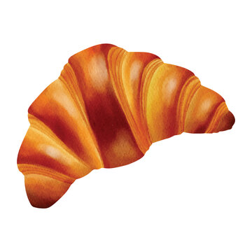 Watercolor Croissant Illustration Isolated on White Background. Perfect for bakery menus, food packaging, breakfast designs, and culinary artwork.