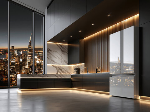 A breathtaking ultra-modern dark kitchen features sleek black handleless cabinetry, a veined marble waterfall island, floor-to-ceiling windows framing a glittering nighttime city skyline, warm LED str