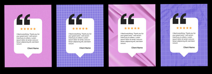 Naklejka premium Testimony layout set of 4 portrait quote cards with speech bubble shapes. Pink and purple backgrounds on grid and crumpled paper with glossy folds. Vector testimony layouts for social media post