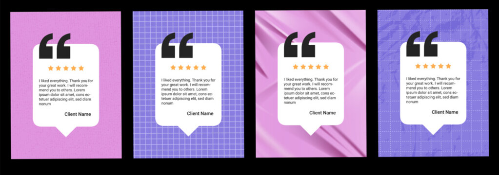 Testimony layout set of 4 portrait quote cards with speech bubble shapes. Pink and purple backgrounds on grid and crumpled paper with glossy folds. Vector testimony layouts for social media post