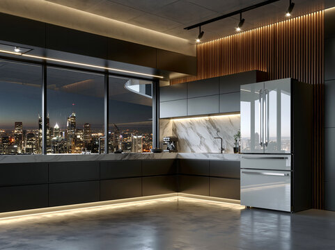 A breathtaking ultra-modern dark kitchen features sleek black handleless cabinetry, a veined marble waterfall island, floor-to-ceiling windows framing a glittering nighttime city skyline, warm LED str
